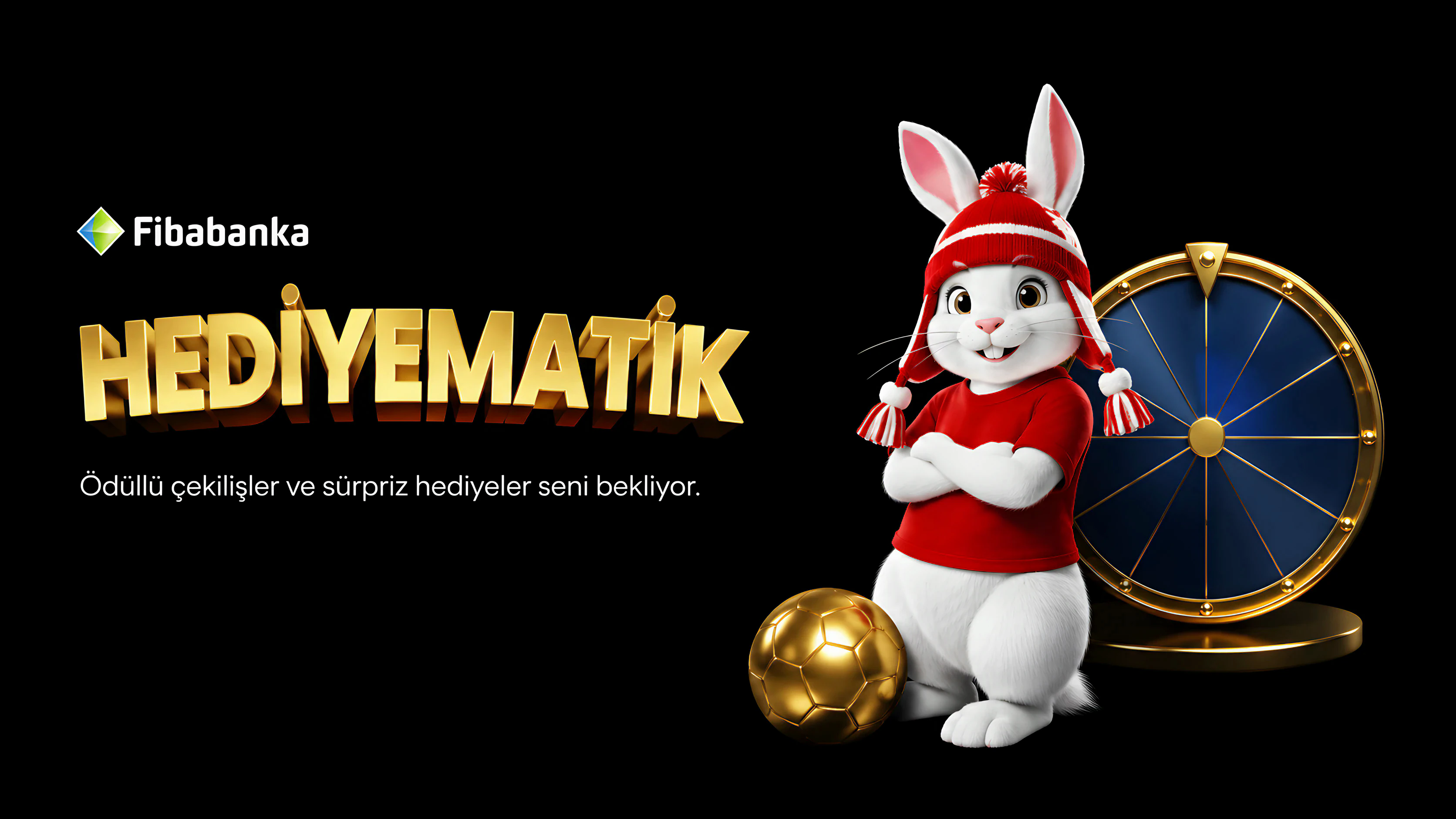 Hediyematik kampanya görseli — altın futbol topu, çekiliş çarkı ve Fibabanka maskotu tavşan.