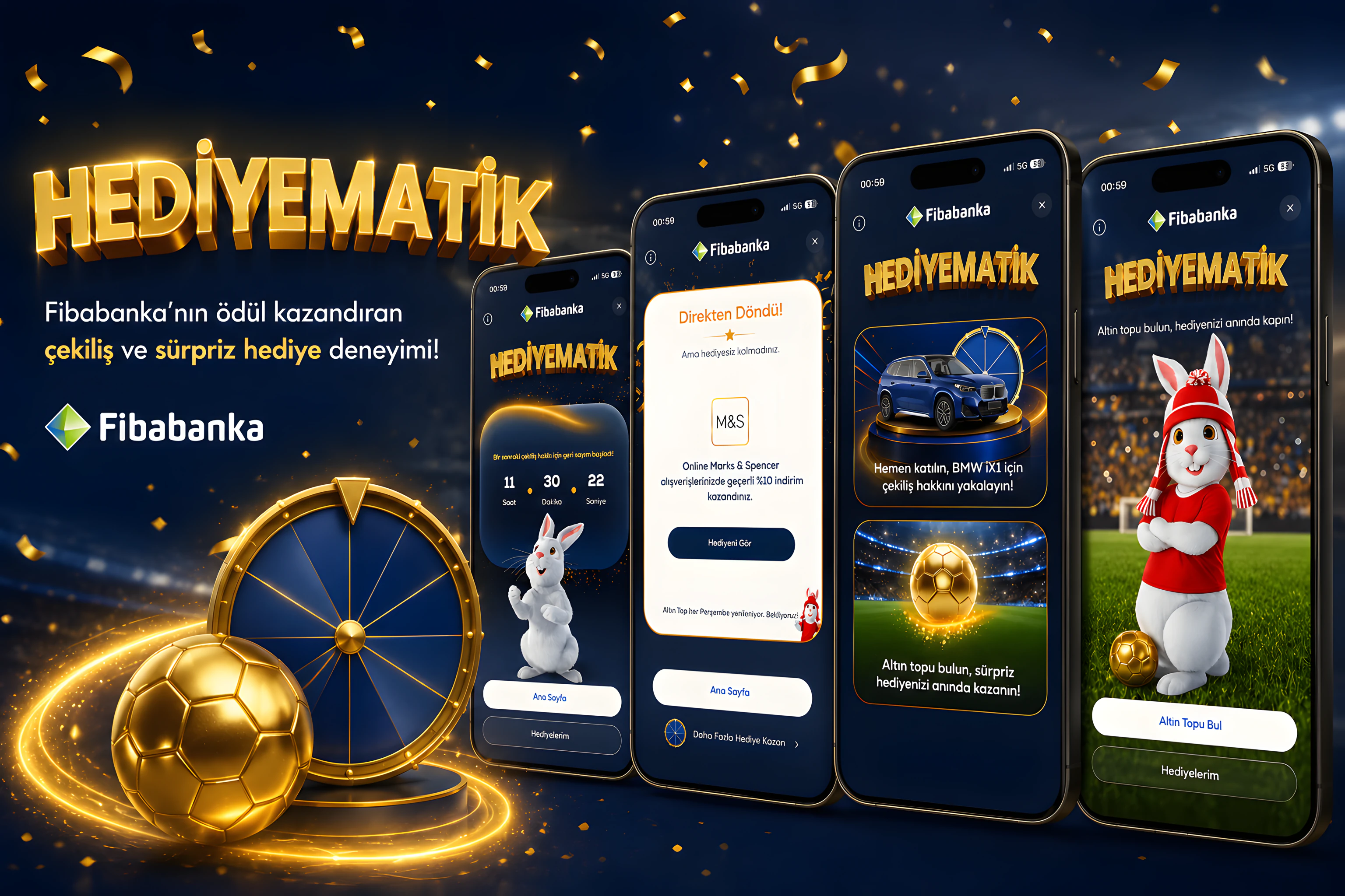 Hediyematik uygulama ekranları — çekiliş sayacı, kazanılan hediye, BMW iX1 çekilişi ve Altın Topu Bul.