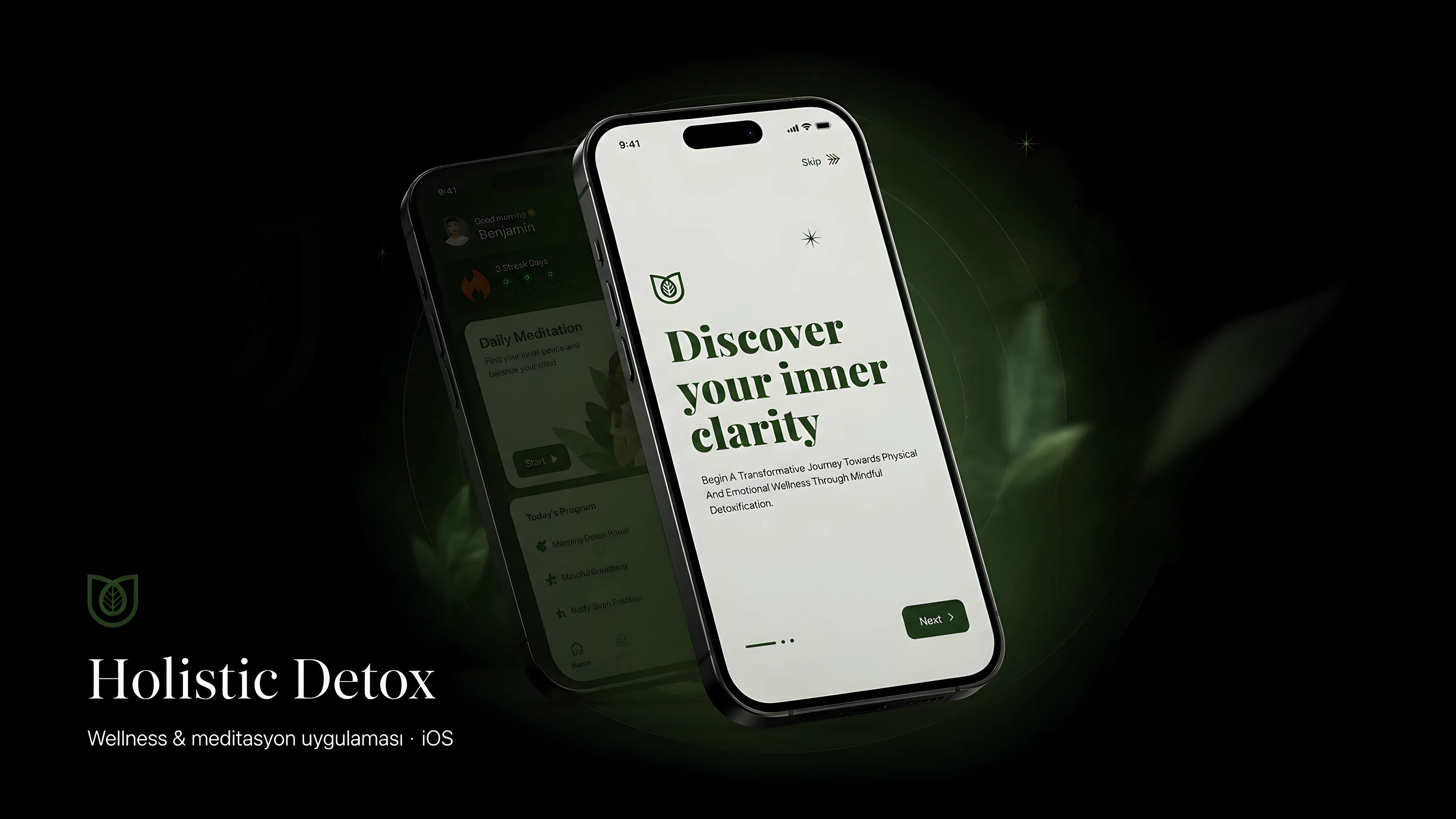 Holistic Detox mobil uygulama tanıtım görseli: uygulama arayüzü ve detoks programı.