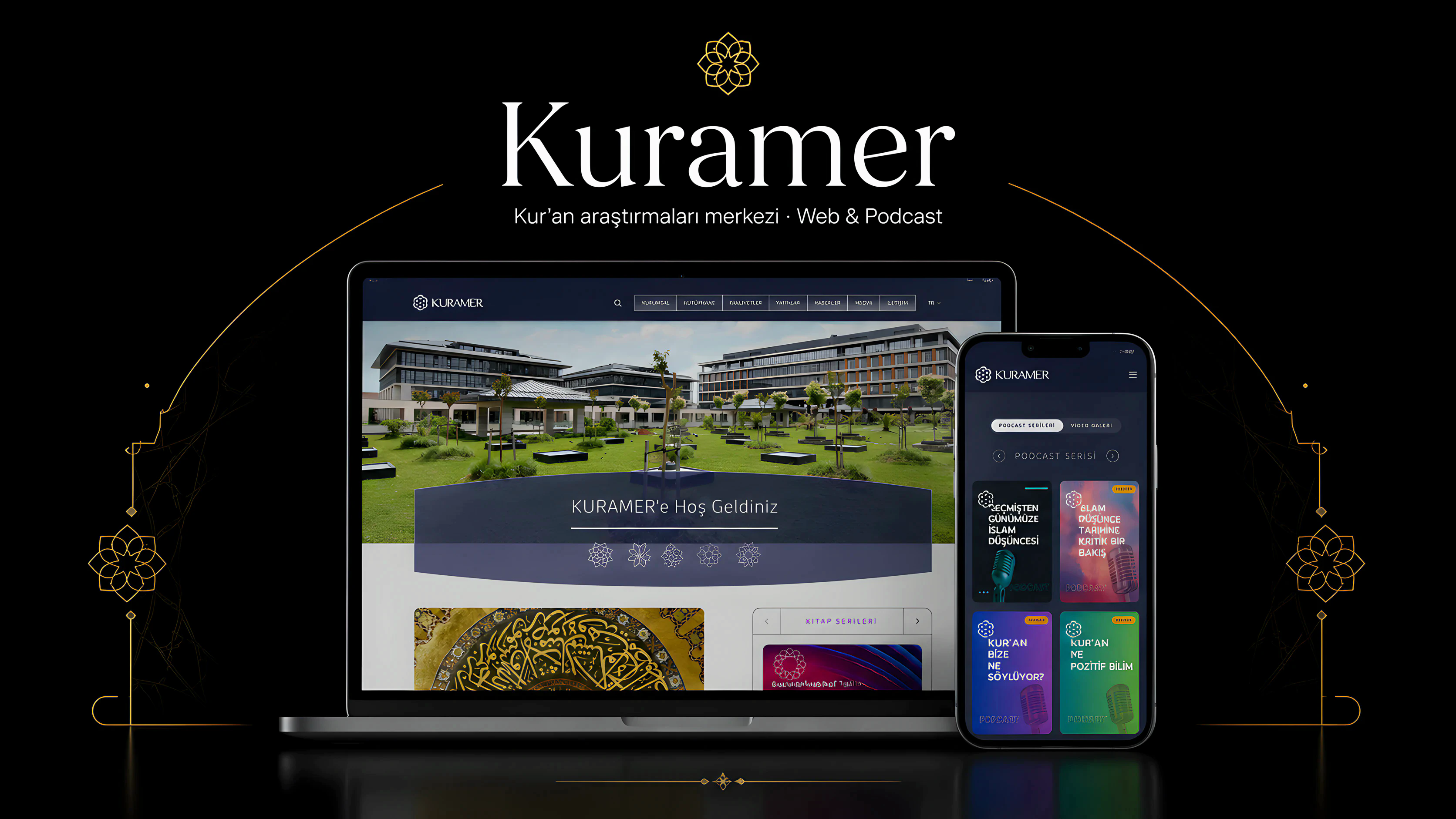 Kuramer web sitesi ve podcast deneyimi tanıtım görseli: masaüstü ve mobil arayüzler.