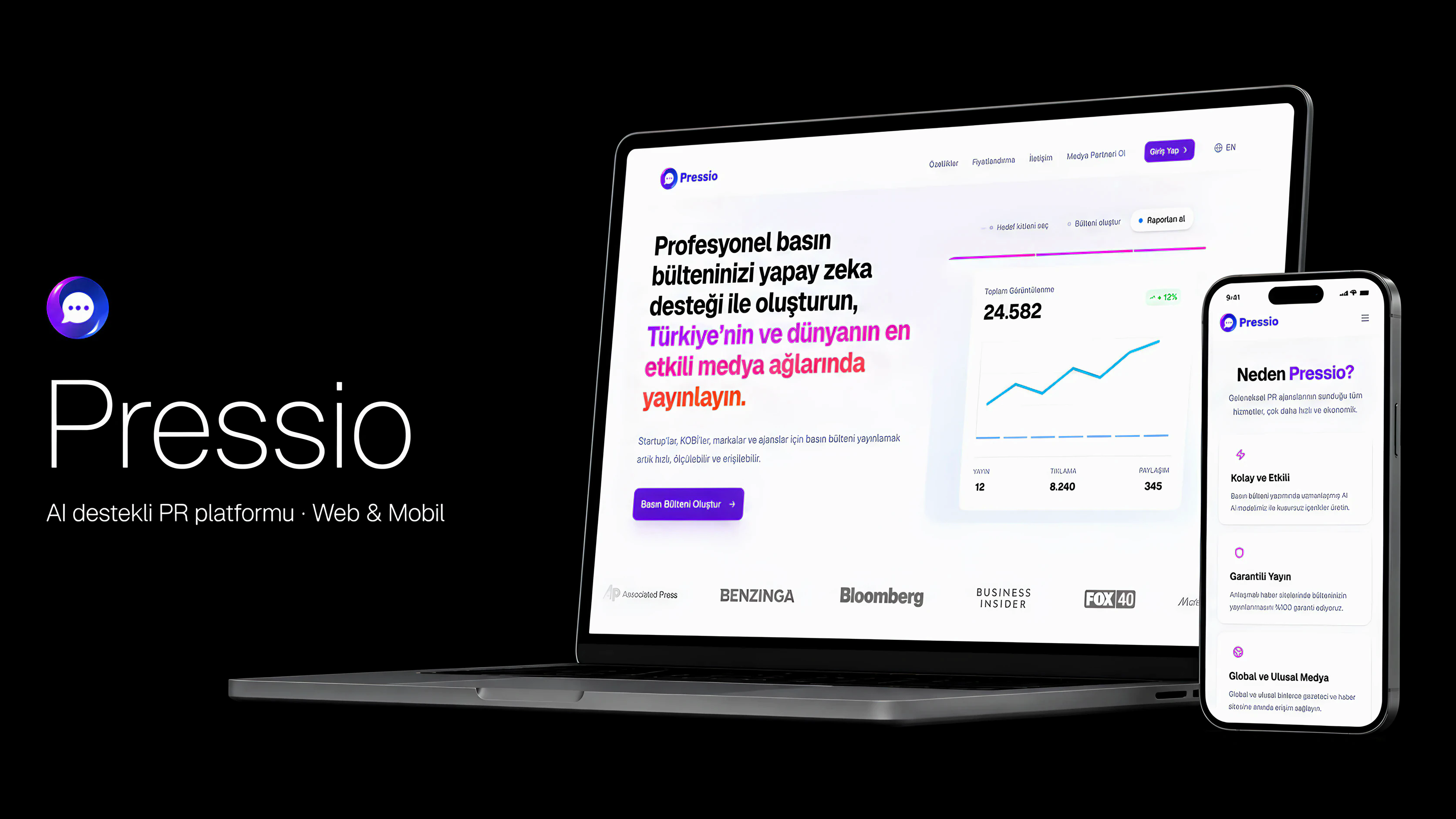 Pressio AI destekli PR platformu tanıtım görseli: web ve mobil arayüzler.